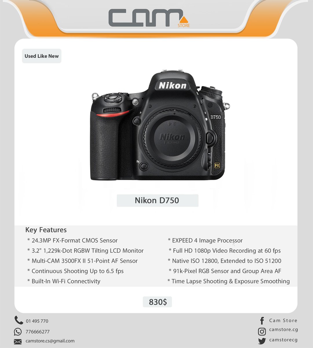 camstorecg's tweet photo. Nikon D750 Body only
مستخدم نظيف
830$ https://t.co/eFJsJr8yfo