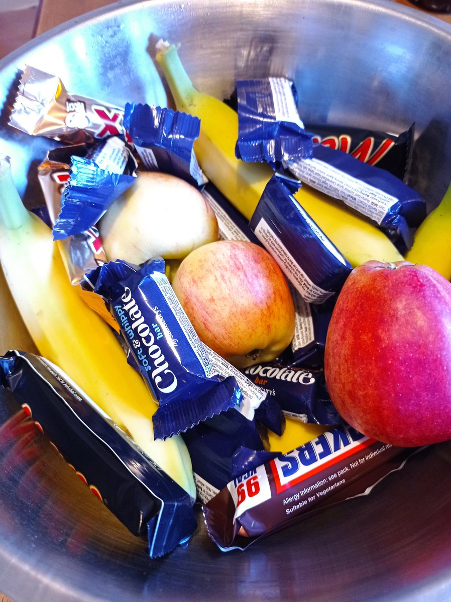 All ready for the trick or treat kids tonight...my social experiment continues. How many kids will choose an apple or banana over a chocolate bar this year??? Was pretty good last year!!!