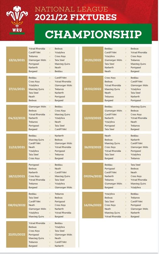 WRU Admiral National Championship 2021-22 fixtures.