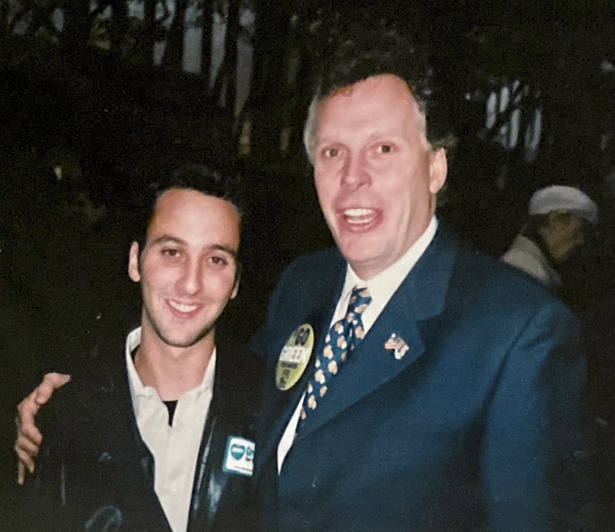 RossWallenstein's tweet photo. In advance of the #VirginiaElection, I found this little gem of me and @TerryMcAuliffe at a rally for @markjgreen, exactly 20 yrs ago this week, the tail end of Mark’s 2001 run for @NYCMayor. It was a rally w/ @BillClinton when McAuliffe was @DNC chair. #Politics https://t.co/Z20bJV083B