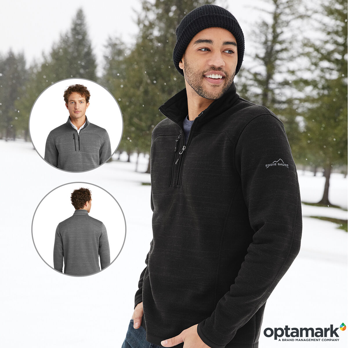 Optamark's tweet image. Take this refined look from the outdoors🌲  to the office 🏢 . With just the right amount of stretch, thermal energy for comfort, warmth and after care quality, our #EddieBauer Men&apos;s Fleece is  guaranteed to become your customer&apos;s go-to garment.#brandeddesign #customapparel #swag