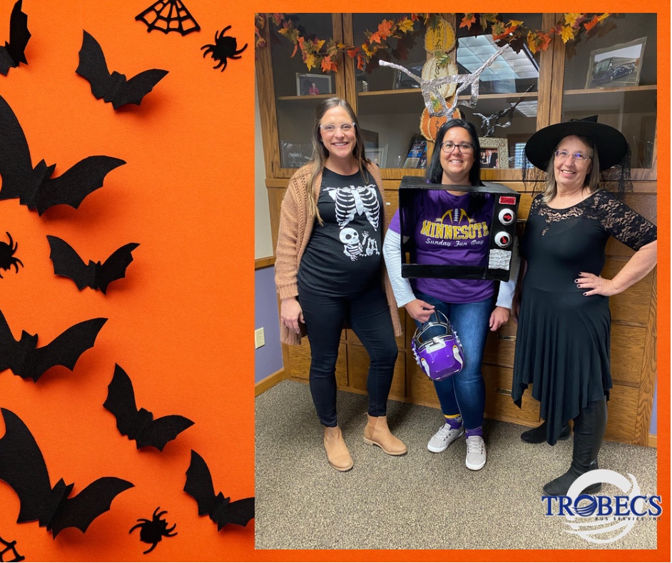 TrobecsBus's tweet photo. #HappyHalloween 💀 from us here at Trobec’s Bus! Notice the future little bus 🚌 rider there with Becca?! 👶🏼Reminder: drive slow and watch for pedestrians! Hope your ghosts and goblins get a lot of candy. 👻👹🍭🍬 https://t.co/4blkYYnFtY