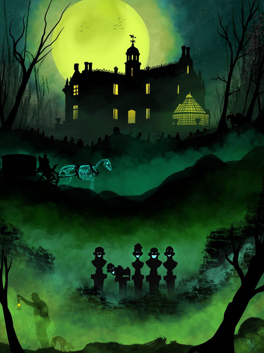 Happy Halloween.  The Haunted Mansion is home to 999 happy haunts… but there’s always room for one more. 
This is a personal digital piece, but DM me  #commissionsopen
#thehuntedmansion #halloween2021 #art #graciemansion #grimgrinningghosts  #disney #disneyworld #ArtistOnTwitter