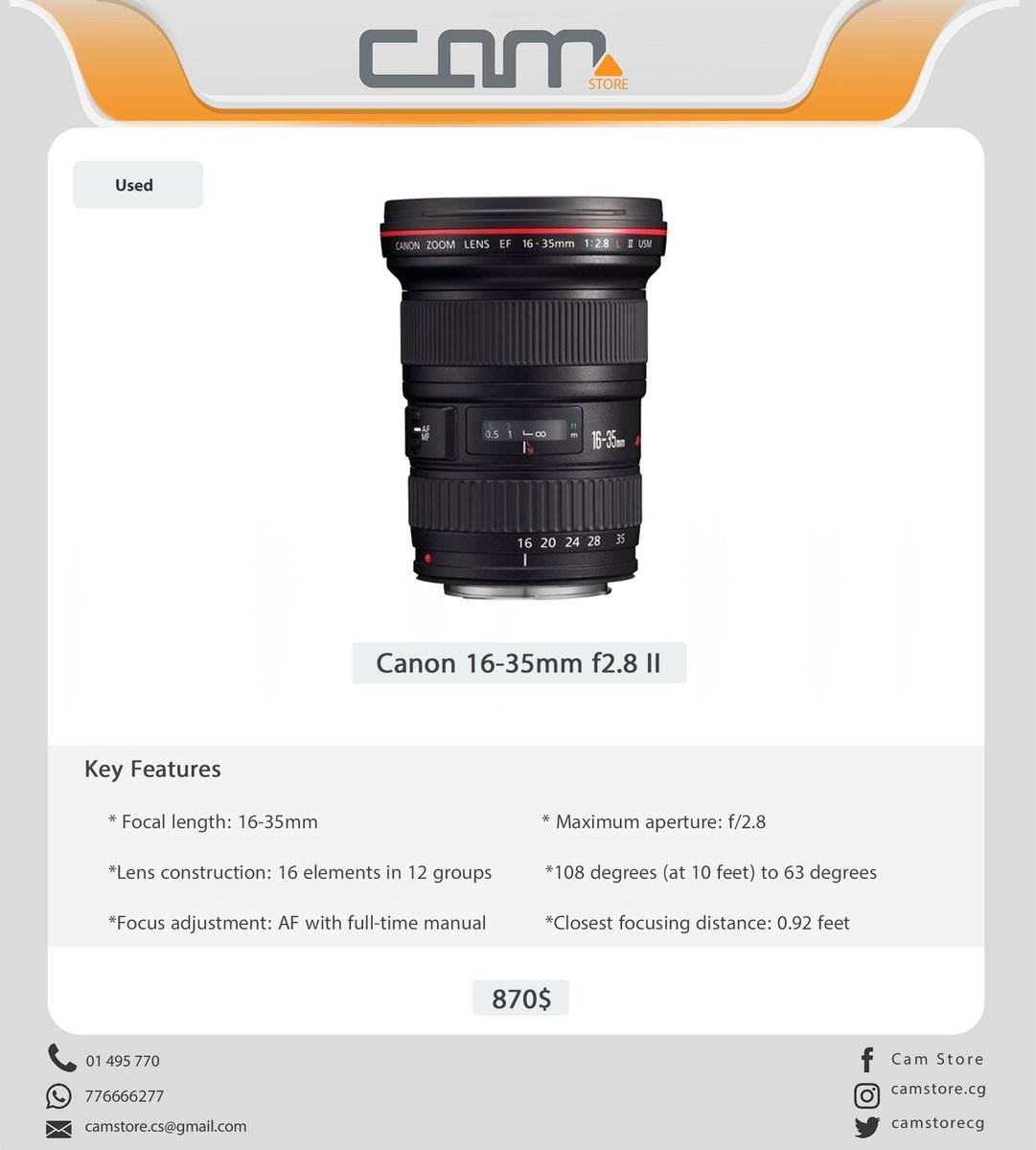 camstorecg's tweet photo. Canon 16-35mm f/2.8 ii 

مستخدم نظيف جداً
870$ https://t.co/YyonaJHRdT