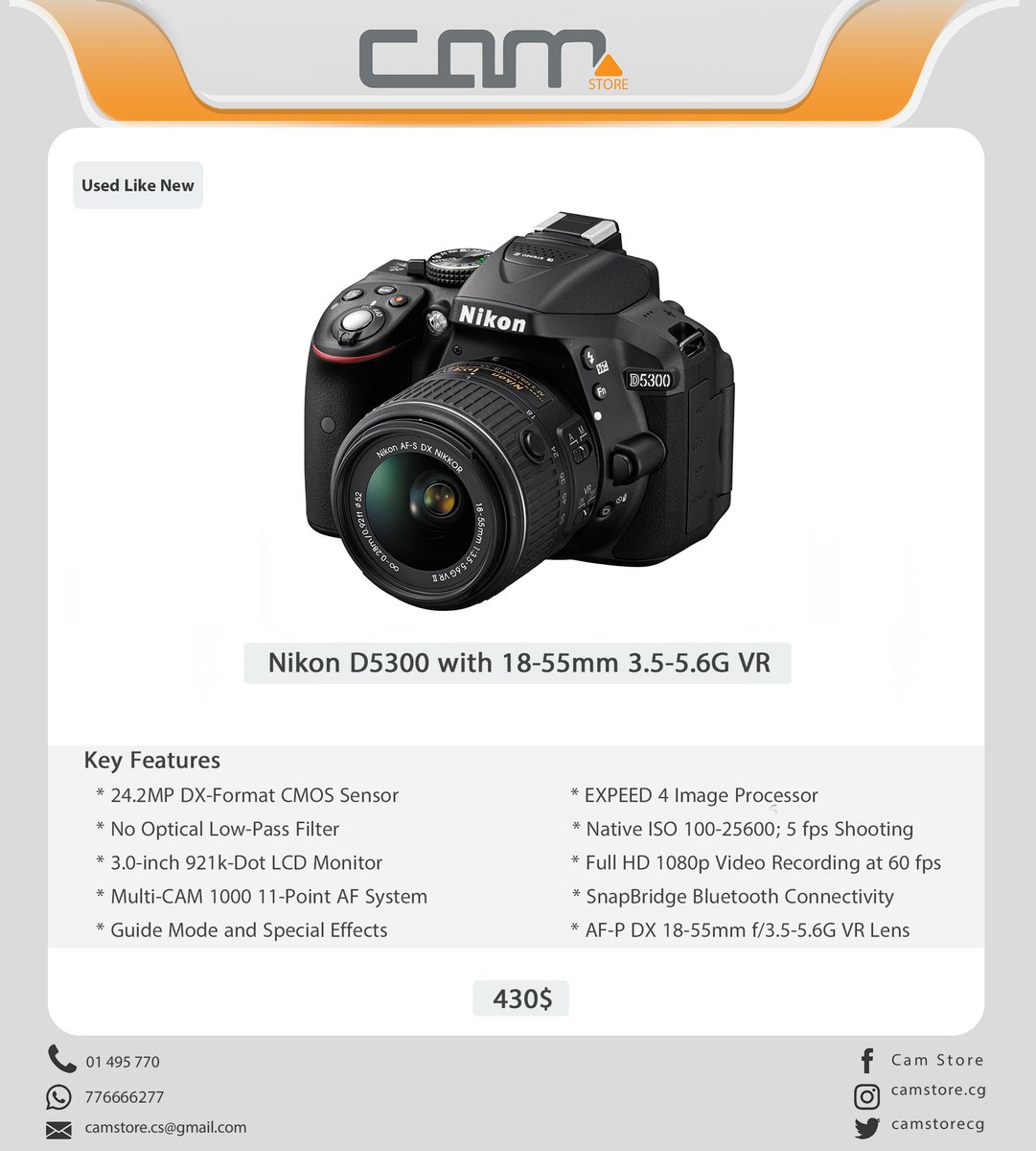 camstorecg's tweet photo. Nikon D5300 with 18-55mm 3.5-5.6 G VR
مستخدم نظيف
430$ https://t.co/K0DamH1WEr