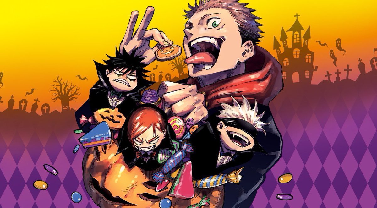 JujutsuKaisen's tweet photo. Jujutsu Kaisen illustration from last year’s Halloween issue(47) of Weekly Shonen Jump🕸🎃🕷 https://t.co/jZfrGWpejk
