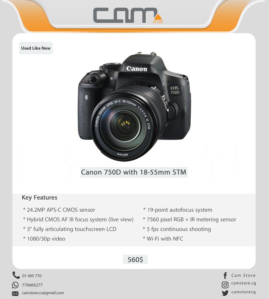 camstorecg's tweet photo. Canon 750D with 18-55mm STM
مستخدم نظيف جداً
560$ https://t.co/akcDkMuxaM
