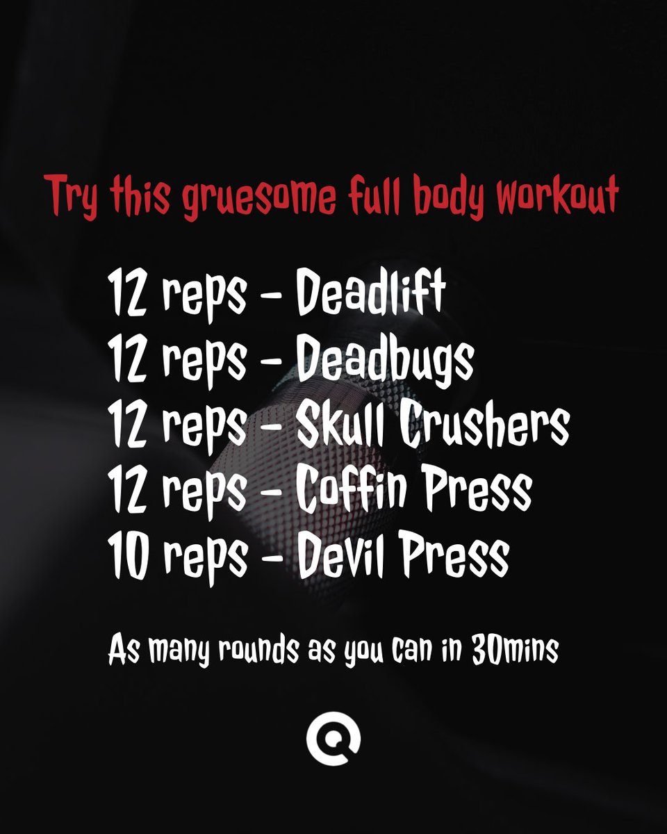 Leave your muscles 'screaming' with this 'gruesome' full body workout. Time to get 'RIPped' and start 'pumpkin iron'! 1 minute rest between rounds, as many rounds as you can in 30mins, let us know how you get on!
All you would need is a pair of dumbbells and a bench (optional).