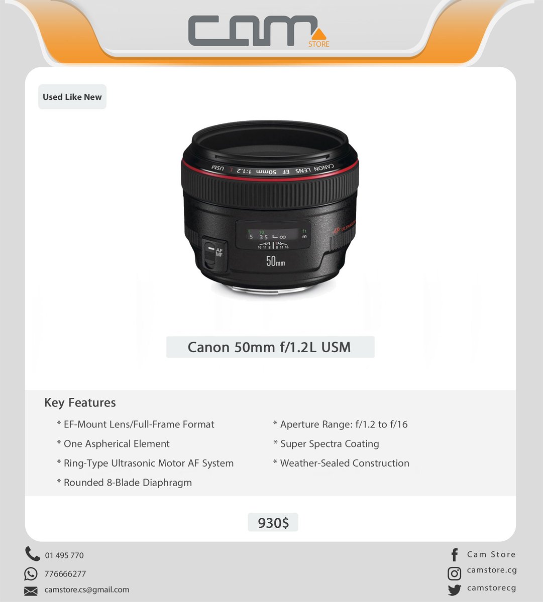 camstorecg's tweet photo. Canon 50mm 1.2
مستخدم نظيف جداً
930$ https://t.co/VNx7rOZUmh