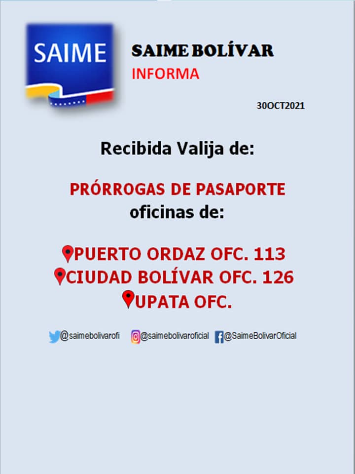 VenezuelaSaime's tweet photo. #ATENCIÓN 📌 Estas son las prórrogas de pasaporte recibidas en la oficina SAIME de #CiudadBolívar, #PuertoOrdaz y #Upata https://t.co/xsCgGU980q