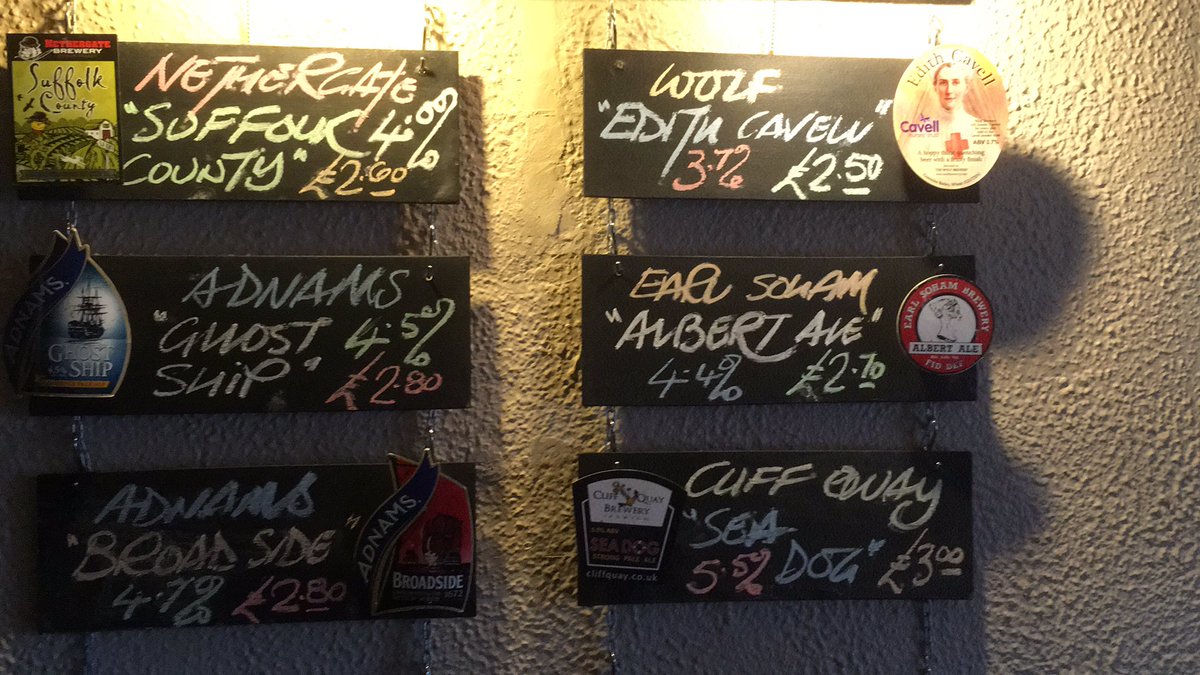 Oh! What a great line up, open at 6pm tonight <a href="/WolfBrewery/">Wolf Brewery</a> Edith Cavell just on &amp; only £2.50, <a href="/NethergateBrew/">Nethergate Brewery</a> Suffolk County <a href="/Cliffquaybrewer/">Brewer</a> Sea Dog 5.5% &amp; only £3.00 <a href="/Adnams/">Adnams Southwold</a> Ghost Ship &amp; Broadside or <a href="/Cliffquaybrewer/">Brewer</a> Albert Ale.See you later.