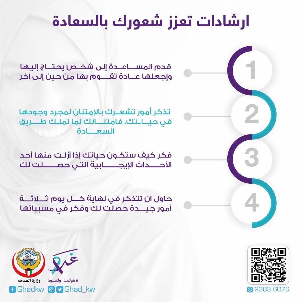 Ghad_kw's tweet photo. ارشادات تعزز شعورك بالسعادة .

لمزيد من الاستفسارات ولحجز موعد بالعيادات الصحية الأولية التابعة لوزارة الصحة 🇰🇼
 📱واتساب : +96523836076

#worldmentalhealth2021
#هونها_وتهون
#غد 
#الصحة_النفسية_يبيلها
#لك_وللحياة
#كويت https://t.co/LAa1B2mJBY