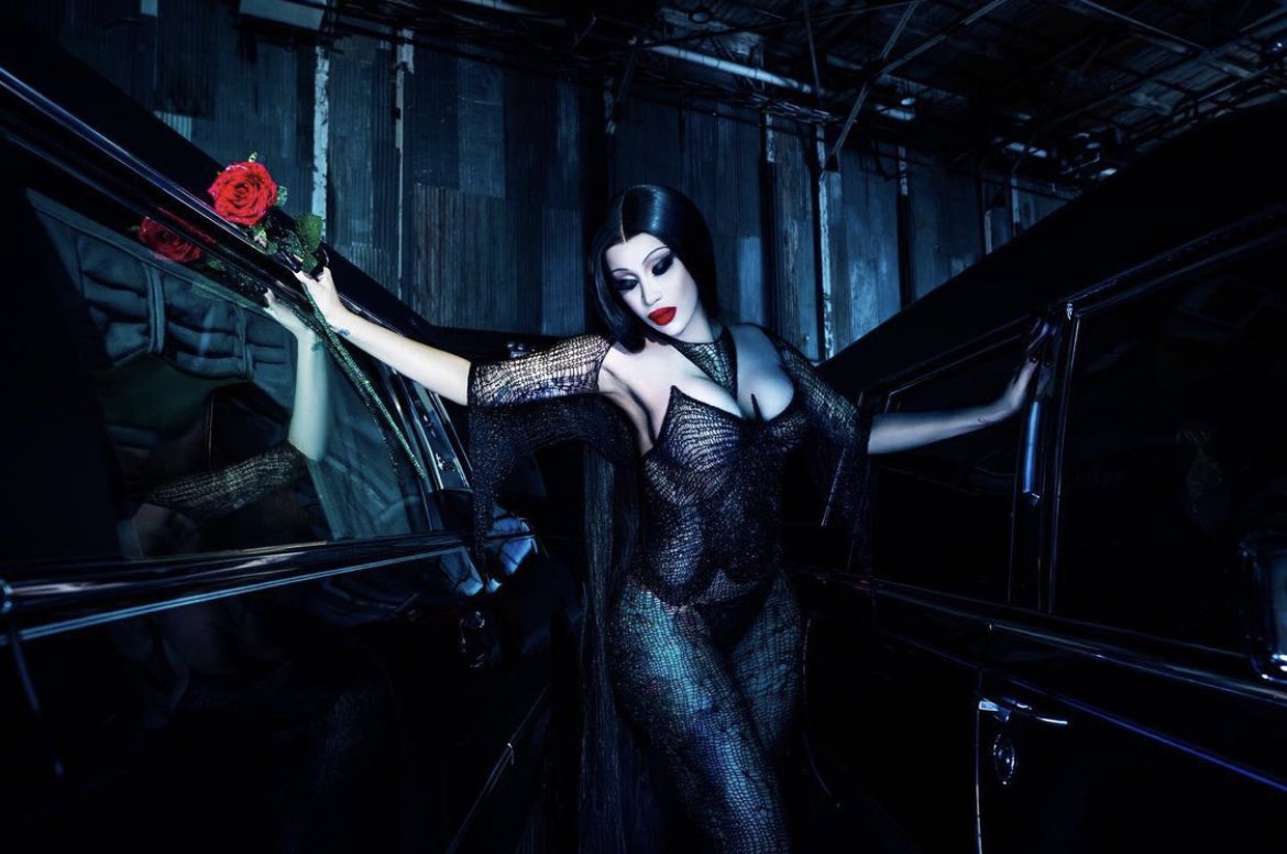 rapalert4's tweet photo. Cardi B as Morticia Adams for Halloween. https://t.co/2Er0V6g1PI