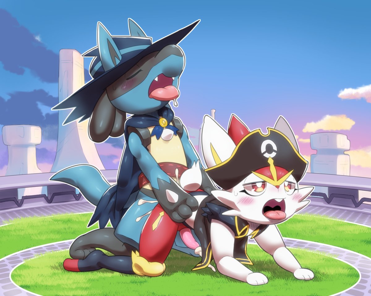 BondRubber's tweet photo. [ Uniting Together ] 

Holowear has made things much more fun for the Pokemon on Aeos Island. For example, aura Guardian Lucario gets to claim Captain Cinderace’s pirate booty for himself. Happy Halloween!

#Pokemon Commission by @Dolphin_Ofuro https://t.co/hUdbicINzu