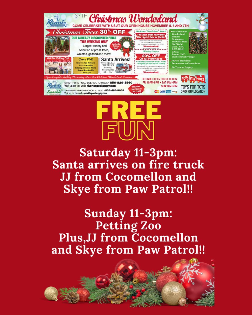 Riverton_pool's tweet photo. 2021 Riverton Pool Supply FREE Winter Wonderland Nov 5-7th

#christmas #santa #FREE #familyfun #pettingzoo #JJcocomellon #Skyepawpatrol #shopsmall #shoplocal #sale #sales #artificialtrees #holiday  #decorations #ornaments #candles #treesale #lights  https://t.co/ZHK9YhvUKW https://t.co/Sx99tO8p5r