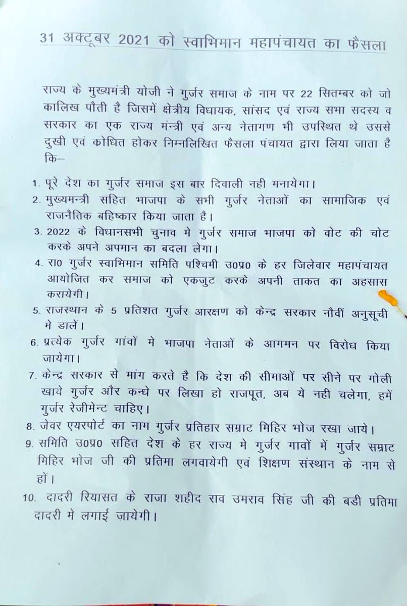 imHimmatsinghG1's tweet photo. आज दादरी के गुर्जर प्रतिहार सम्राट मिहिर भोज कालेज में  हुई सफल एवं निर्णायक पंचायत आयोजित करने गुर्जर समाज को हार्दिक बधाई..

गुर्जर समाज ने विरोध स्वरूप दीपावली न मनाने एवं #Gurjar_Boycott_Bjp निर्णय लिया गया..भाजपा को गुर्जर बाहुल्य गाँवों में प्रवेश पर पाबंदी लगा दी हैं.!
👇 https://t.co/xMgnbptQ0M