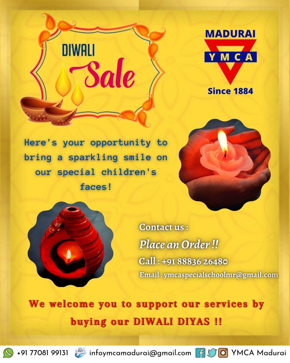Celebrate this #Diwali&Karthigai with the divine light of diyas made by #specialchildren.Buy #DiwaliDiyas&spread #love& #smilesonthefaces of children.We welcome u to #support our services by buying these #Diyas
Call:+91 88836 26480 Email:ymcaspecialschoolmr@gmail.com #YMCAMadurai