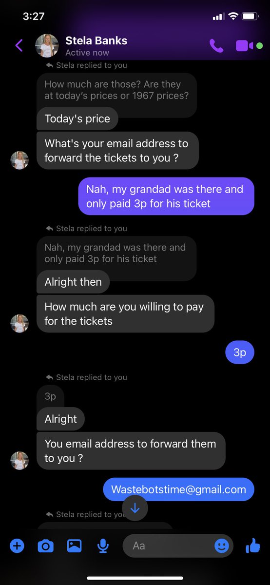 Craigpjohnston's tweet photo. A story in 4 picture called “A bot offered to sell me tickets to a gig that was in the past”. https://t.co/AVl42A8Aua