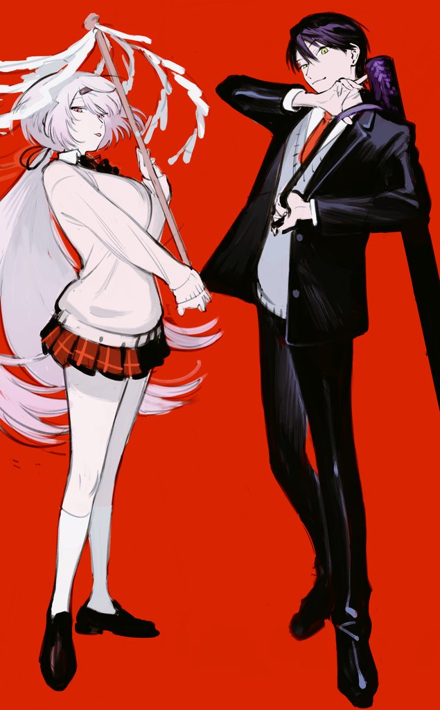shiina yuika 1girl 1boy skirt long hair black pants red background necktie  illustration images
