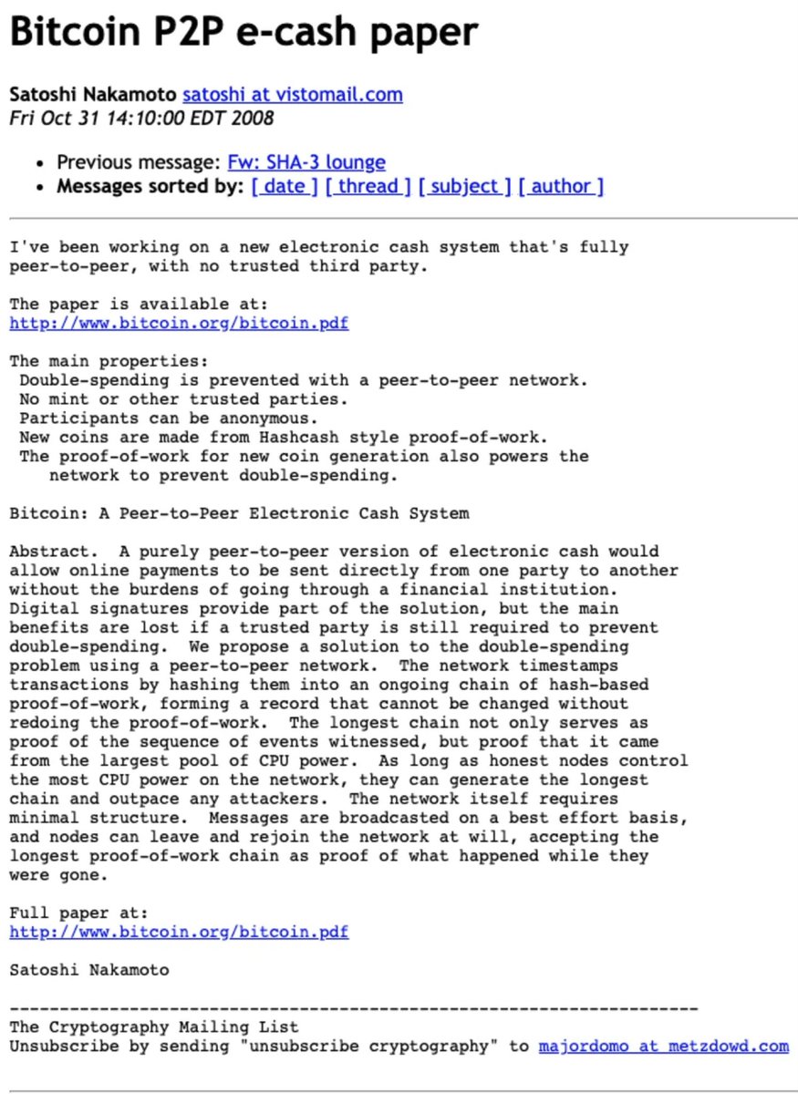 gladstein's tweet photo. “I’ve been working on a new electronic cash system that’s fully peer-to-peer, with no trusted third party”

13 years ago today Satoshi Nakamoto unveiled one of the most important human rights milestones of all time:

Open-source e-money beyond the control of states and megacorps. https://t.co/NK4Dt7fO2s
