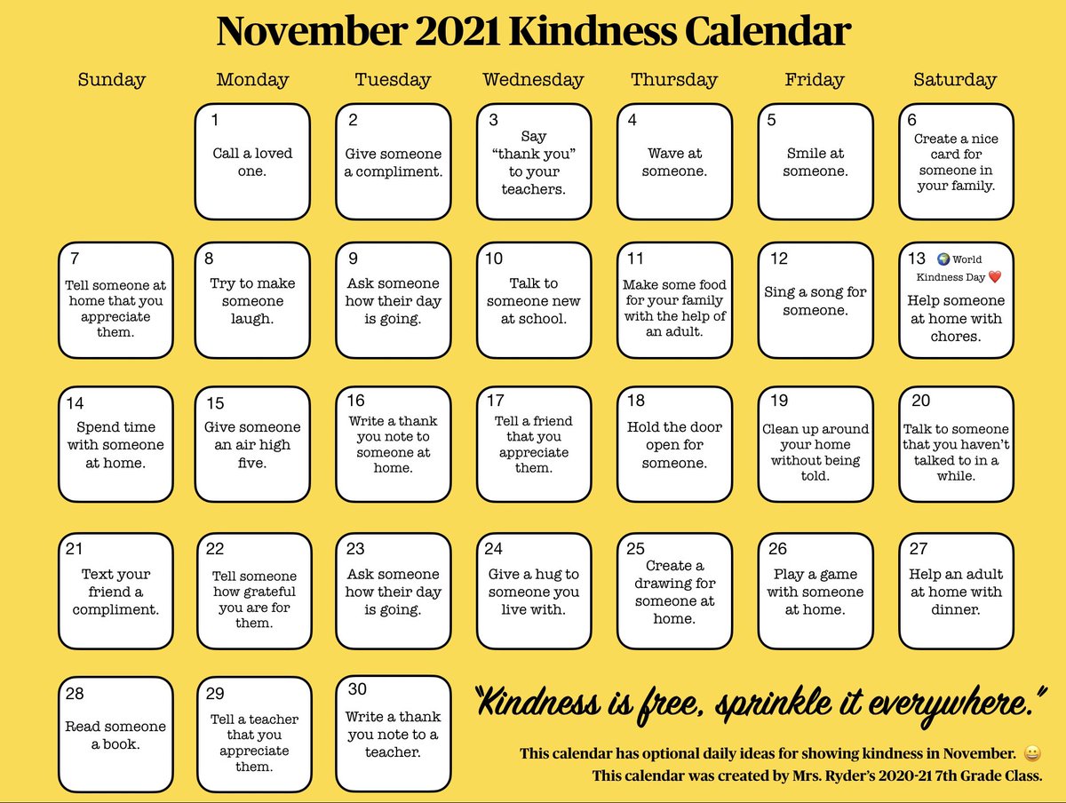 World Kindness Day is November 13! Here is a kindness calendar for the month of November. Hopefully it will spark some more ideas and conversations around showing kindness in your communities. #ChooseKind #63success #63forward