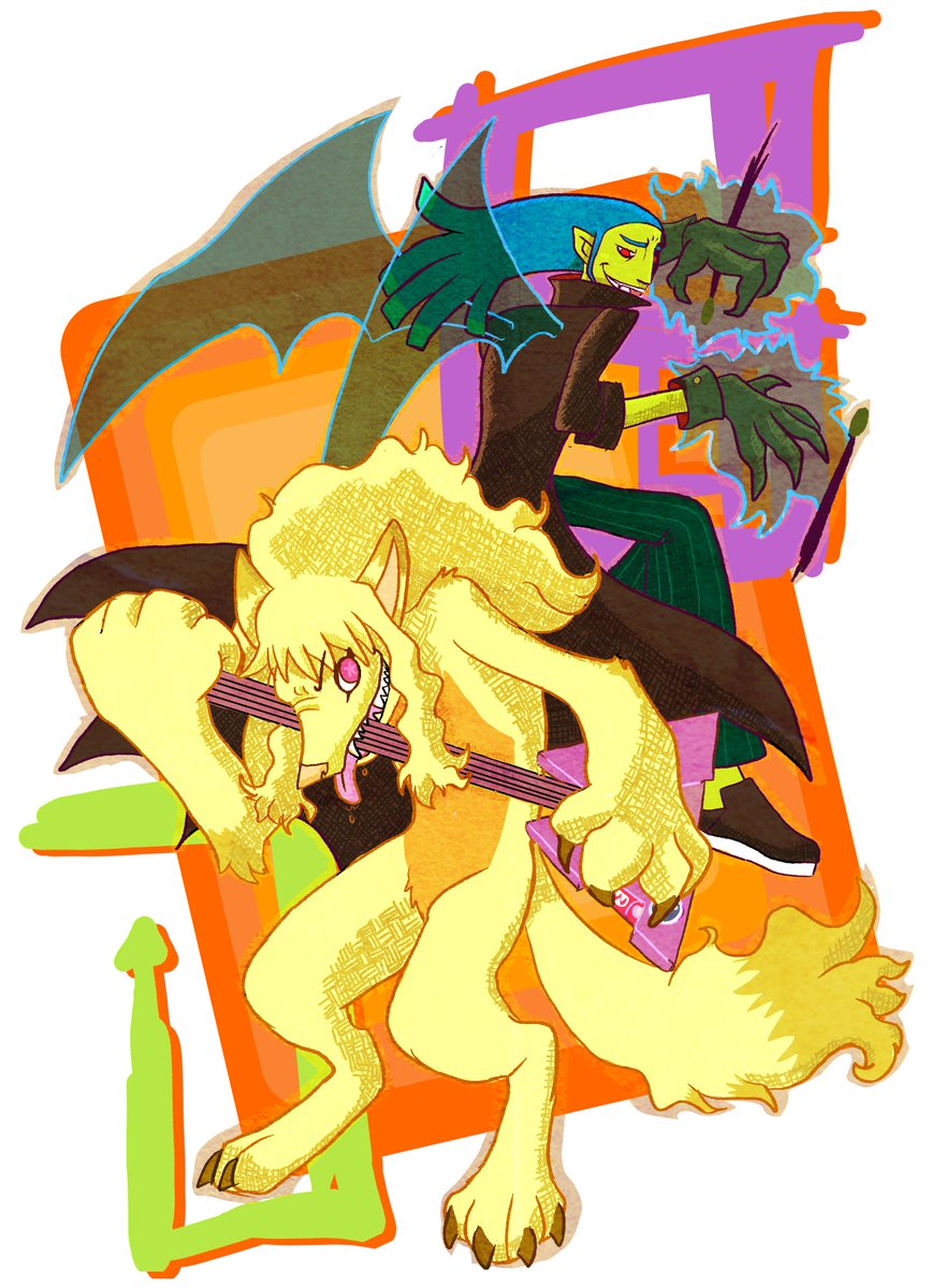 KatPyrple's tweet photo. Happy Halloween!! π Had a blast doing this piece for #Vinylween, a cool collab with cool people! Go see their contributions! In this Mayday and Zuke are ACTUAL monsters, here to wreak spooky rock havoc! #NSR #NoStraightRoads https://t.co/t2Cls479L4