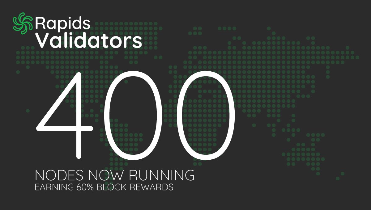 Blockchain eficiente e seguro!

Estamos de volta aos 400 nós conectados

Os validadores são a espinha dorsal da rede e, em troca, recebem recompensas de blocos de #RPD por sua contribuição.

 Em breve, eles também receberão um Validador da edição ltd #NFT 🚀

 @RapidsHost #RPD