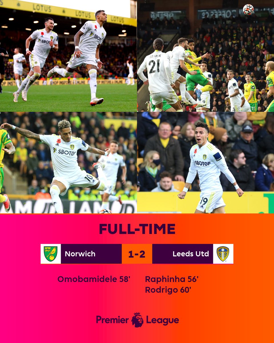 premierleague's tweet image. Fearsome strikes from Raphinha and Rodrigo, either side of Andrew Omobamidele's header, give Leeds the three points at Carrow Road

#NORLEE