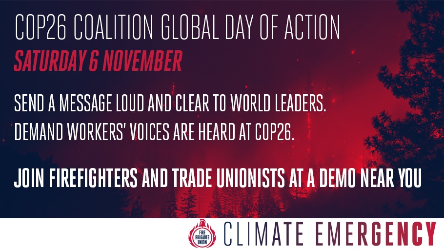 Firefighters know an emergency when they see one. Climate change is one of the biggest threats facing our communities

Global leaders at COP26 need to listen to workers on the frontline of the climate emergency

Join a demo near you on Sat 6 November 👉 lght.ly/lo2cok5
