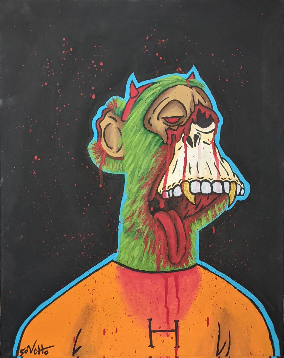 I WILL BE DRAWING THE WINNER FOR THIS ZOMBIE HAPE CANVAS IN EXACTLY TWO HOURS. Tweet is on my profile to enter before it's too late. 20x16 canvas painted with acrylics. #HAPEBEAST #NFT #Canvas #Halloween #zombie #giveaway
