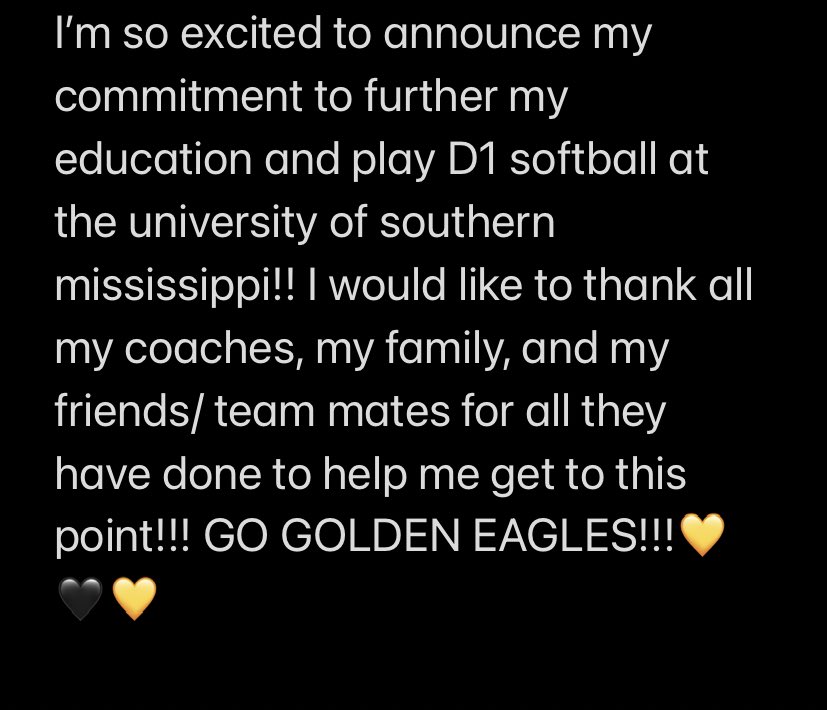 I’m so blessed and excited!!! 🖤💛🖤<a href="/SouthernMissSB/">Southern Miss Softball</a> @_CoachLevin <a href="/CoachMulvany/">Mark Mulvany</a> @MojoLewis <a href="/KristenBGregory/">Kristen Brandenburg</a>