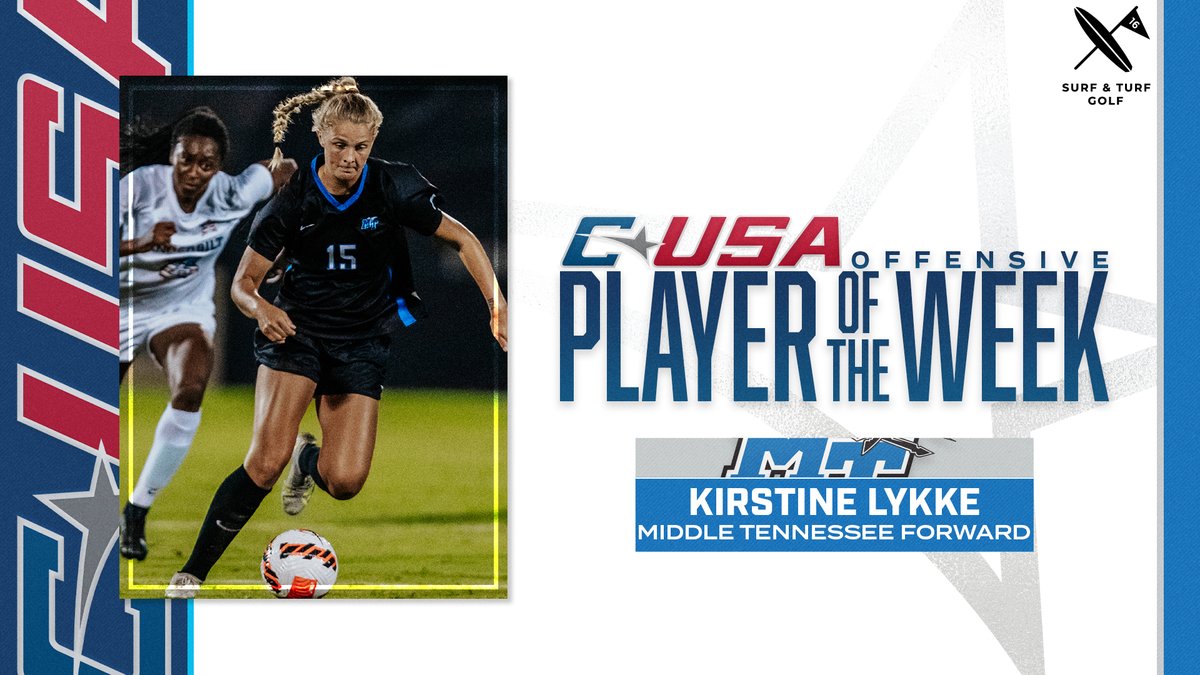 ConferenceUSA's tweet photo. 📢: Congratulations to @MT_Soccer’s Kirstine Lykke, #CUSAWSOC Offensive Player of the Week presented by @surfandturfgolf! ⚽️

🏅1️⃣ | #TheCUSAWay https://t.co/i0I9yr20Do