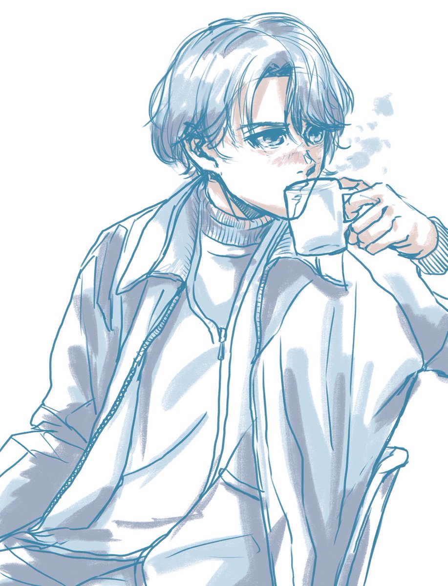 cup 1boy male focus solo jacket holding cup drinking  illustration images