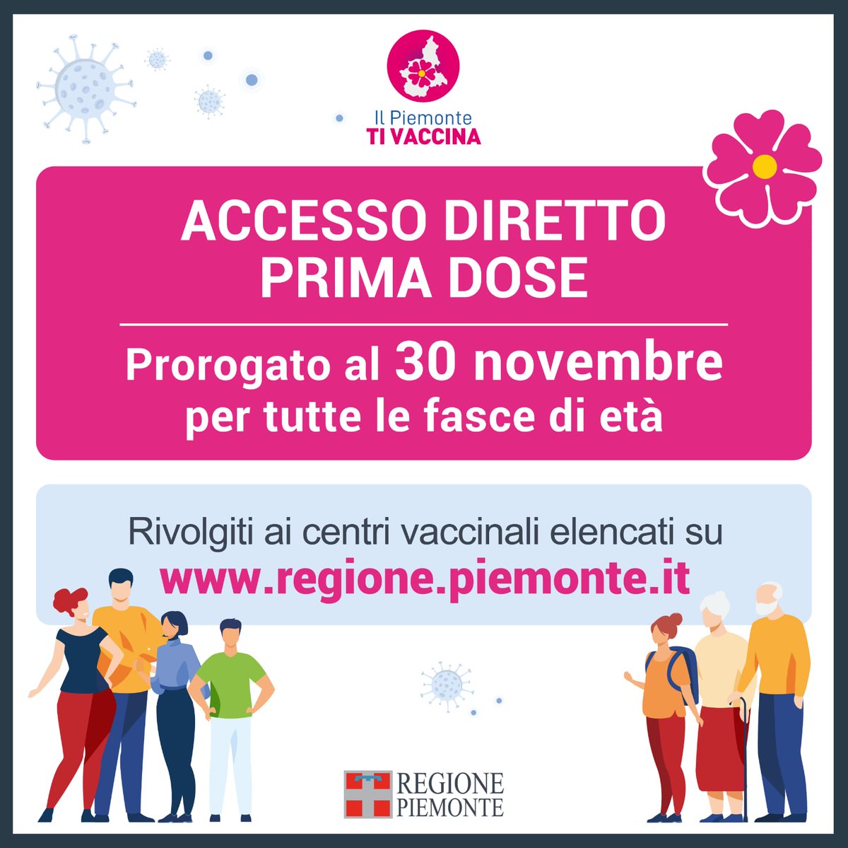 La Regione Piemonte ha deciso di prorogare fino al 30 novembre gli accessi diretti ai centri vaccinali per cittadini che decidono di farsi somministrare la prima dose. Elenco e orari qui 👇 regione.piemonte.it/web/pinforma/n… #Covid_19