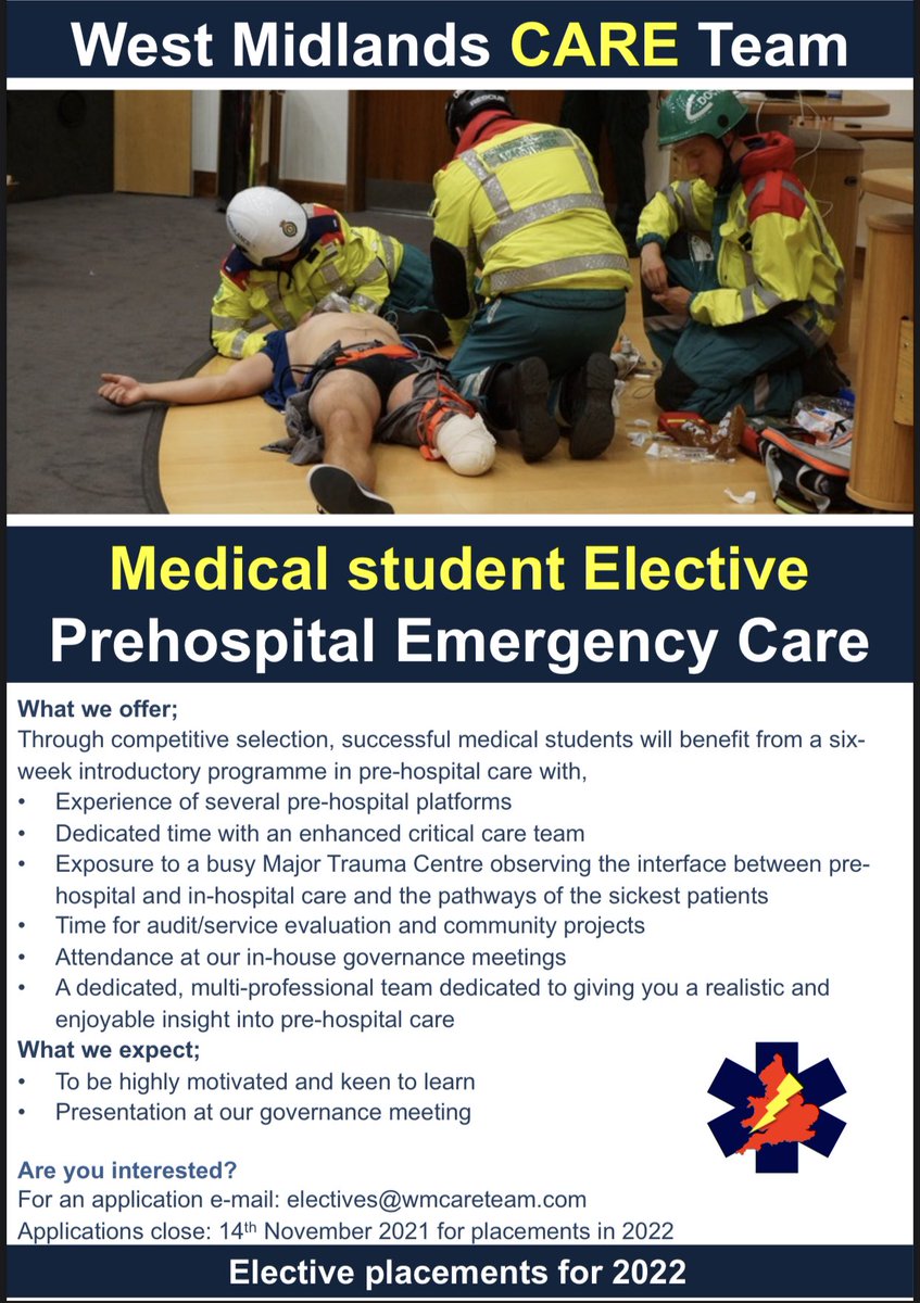 Are you a medical student looking for an elective in prehospital emergency care? Then look no further! We are now accepting applications for elective placements from March 2022 onwards. Get applying at forms.gle/j9upjfKrJn8Gn8… #PHEM #WMCTElective