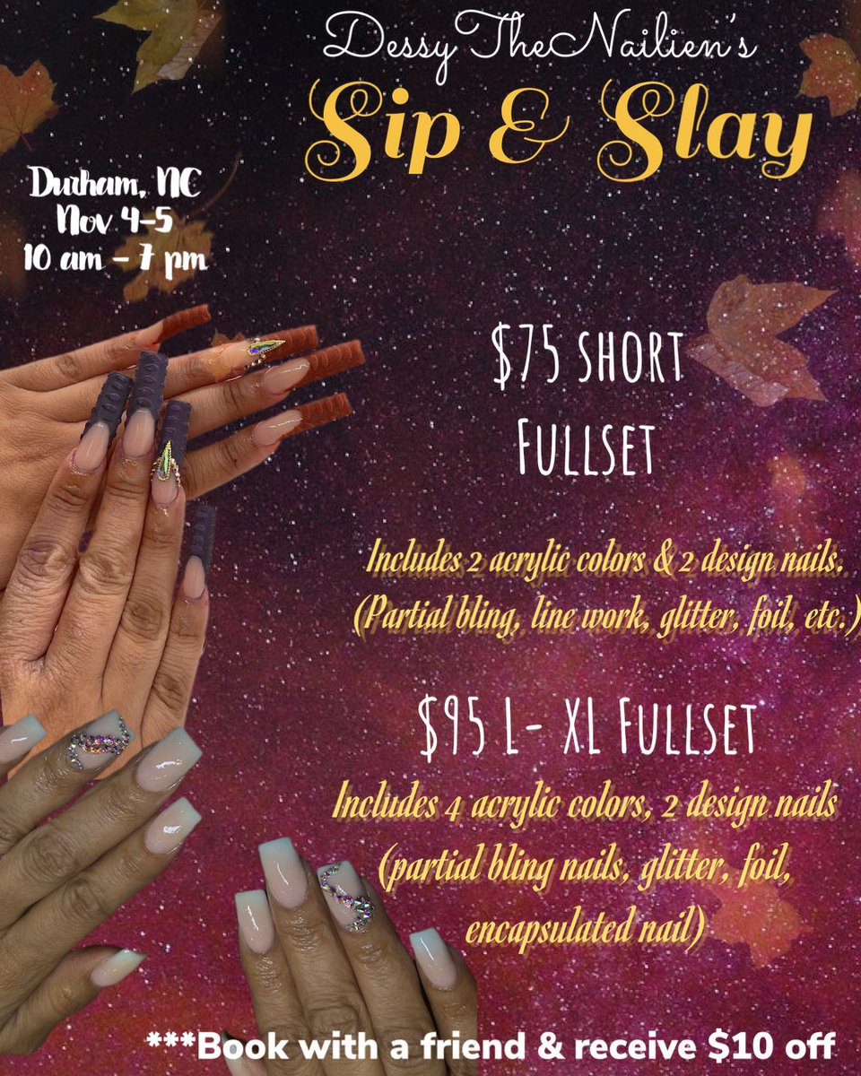 itsbeendestiny's tweet photo. Heard my Alma Mater wanted some Homecoming Nail Deals?! 👀🤭🦅 #nccu So I will be bringing the drinks &amp; heat, &amp; you bring ya dollas 💸 
Sip &amp; Slay 🥂 
          Durham, NC
          Text 9803182799 for booking 
          Half of balance deposit required https://t.co/bKiUDanEnP