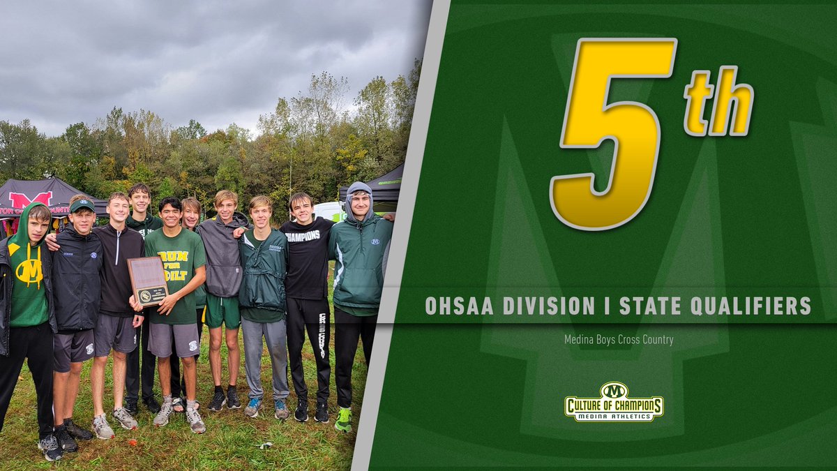medinaathletics's tweet photo. Congratulations to the Boys Cross Country team on qualifying for the OHSAA Division I State Championship Meet next weekend at Fortress Obetz! Great job guys!! #RunForMilt https://t.co/7A50NFHdSw