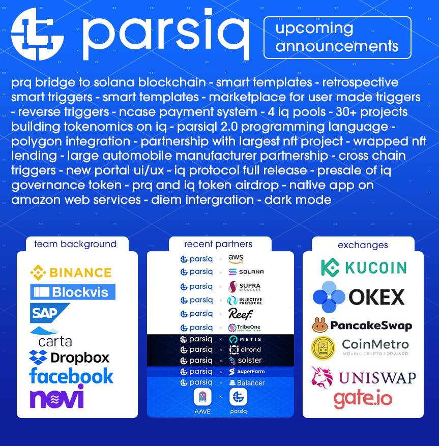 BasedChart's tweet photo. Just some of the news expected to come within the next few months for @parsiq_net.
A roadmap so full of bullish news you'd have to be a real brainlet to not have a bag. $17 by EOY is programmed.
$PRQ $SOL $AAVE $SUPER $INJ $REEF #cryptocurrency https://t.co/EL4xUTBP6N