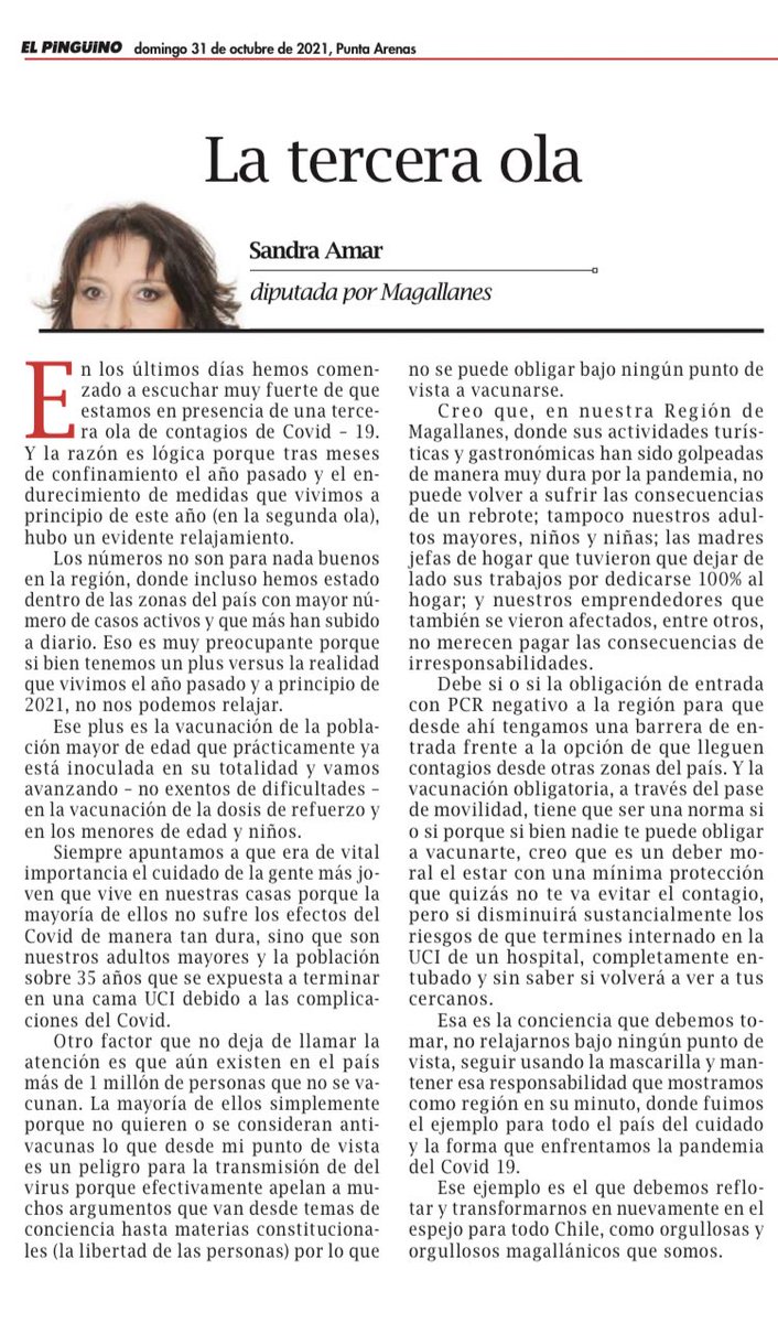 Muy feliz domingo‼️Les dejo mi columna de el <a href="/pinguinodiario/">Pingüino Multimedia</a> sobre la nueva ola de #Covid19 que nos está afectando🔵🟡

#AmarSenadora #AmarxMagallanes #Puq
