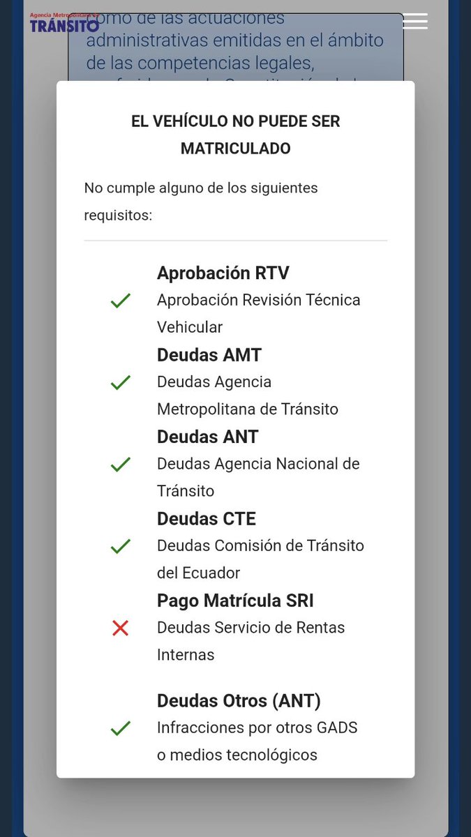 ffisna's tweet photo. @AMT_Quito Señores por favor den una explicación desde el viernes no puedo matricular en línea primero me sale esto y hoy sale la otra imagen y yo no debo nada https://t.co/XftMWzOuPk