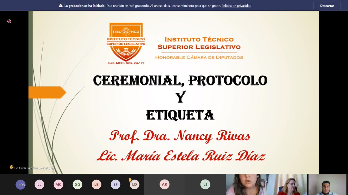 itslhcdparaguay's tweet photo. #Clase_2 del 1er. Curso Virtual de "Ceremonial, Protocolo y Etiqueta" (80horas). Realizado durante 10 clases, los días jueves y viernes, de 10:15 a 12:15 horas, a cargo de la Prof. Dra. #Nancy_Rivas y la Lic. #Estela_RuizDíaz. Organizado por el @itslhcdparaguay y el @Sinafocal. https://t.co/ysOmz9o3PD