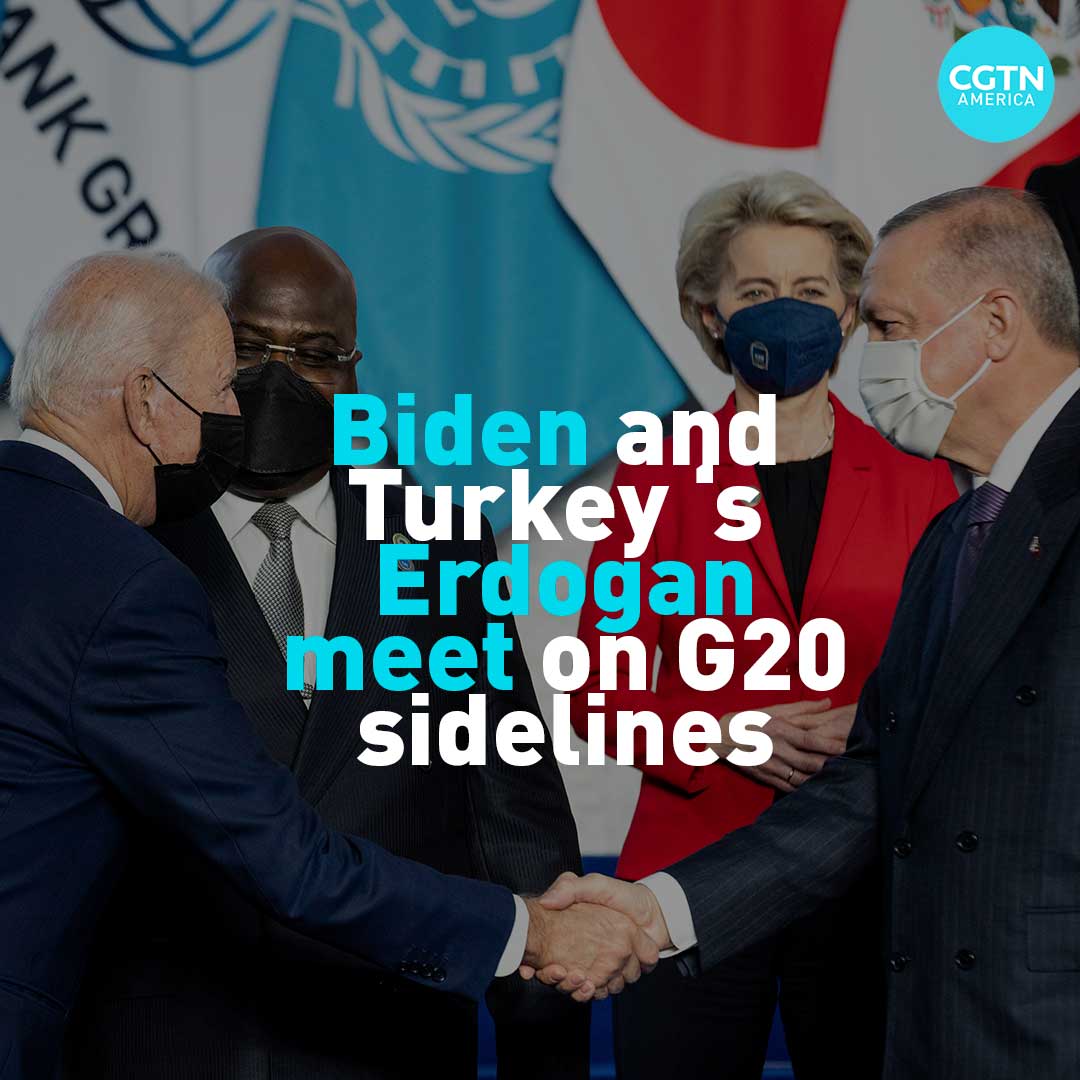cgtnamerica's tweet photo. U.S. President Joe Biden met with Turkey President Recep Tayyip Erdoğan Sunday morning on the sidelines of the G20 Summit in Rome. #Biden #Erdogan #TurkeyUS #USTurkey #G20 https://t.co/gZbc1QXFRI