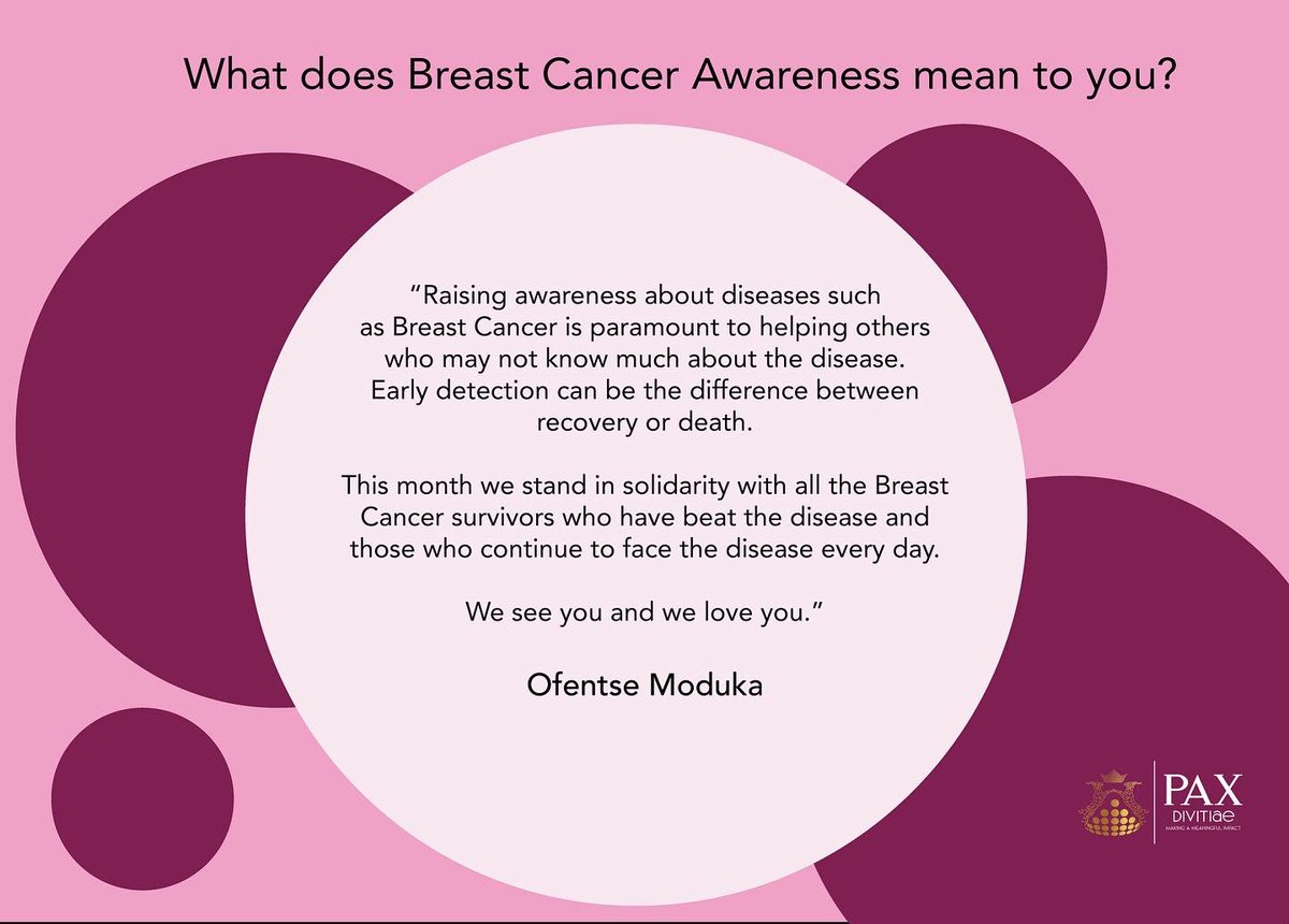 pax_divitiae's tweet photo. As we round off October and #breastcancerawareness month. we hear from more of #TeamPaxDivitiae about what #BreastCancer knowledge means to them.
#breastcancerawareness #gettoknowpax #health #paxdivitiae #cancer #october #raiseawareness https://t.co/HxhqmypoOo