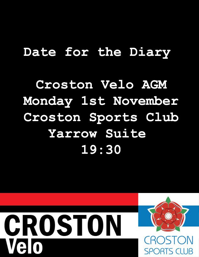 Reminder that tomorrow is the <a href="/Crostonvelo/">Croston Velo</a> AGM. Takes place 19:30 in the Yarrow Suite <a href="/crostonsc/">Croston Sports Club</a>