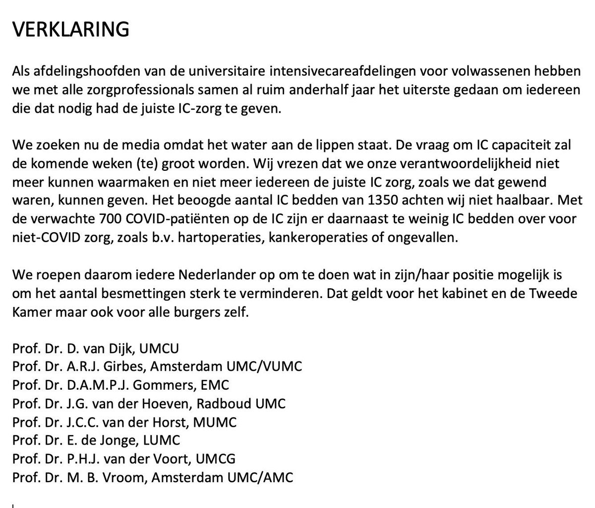 Uitzonderlijk verzoek van de hoofden van alle academische Intensive Cares.