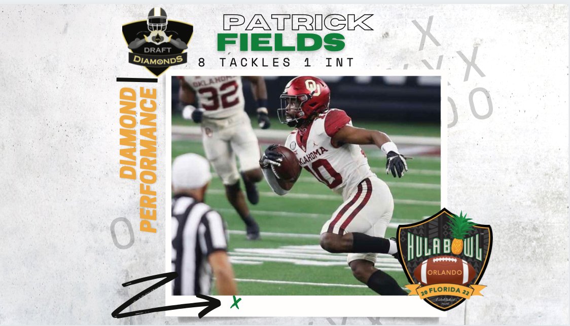 Hula_Bowl's tweet photo. A #DiamondPerformance from @OU_Football Safety @PatrickFields24 who had a productive day with 8 tackles and an INT in the big win over Texas Tech. @DraftDiamonds are found at the #HulaBowl @draftguyjimmy @scott_nfl #collegefootball #boomersooner https://t.co/aREy5DsP2I