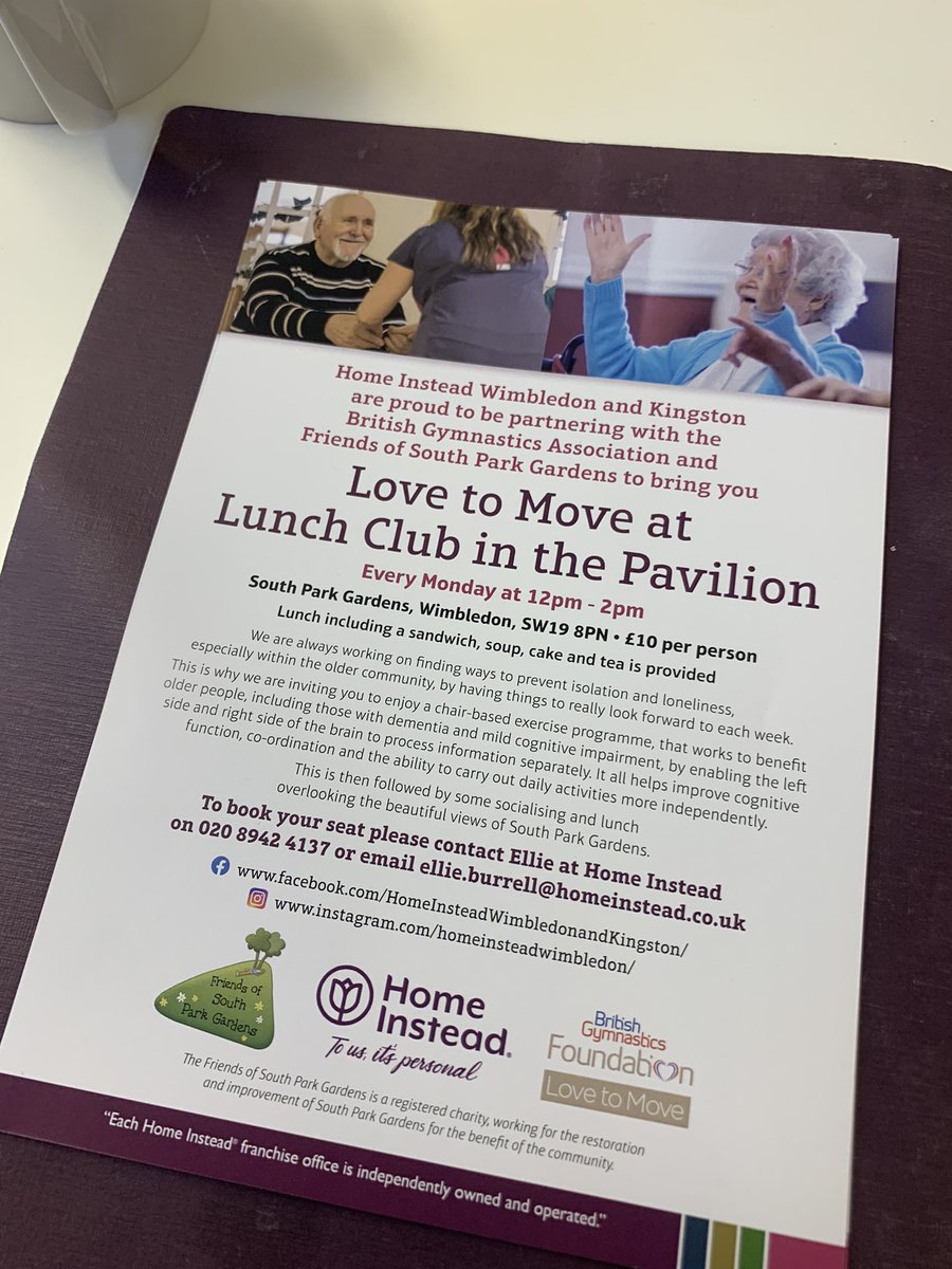 Imagine dreading Mondays because you have nothing in your diary anymore to look forward too.

That’s why we run a lovely lunch club every Monday. A fun exercise session followed by lunch in the beautiful South Park Gardens. 

Spread the word - it’s great fun!