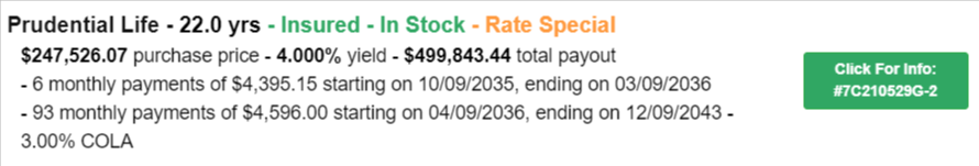 dcfannuities's tweet image. Featured #DCFIncomePayments
Prudential Life - 22.0 yrs - Insured - In Stock - Rate Special
$247,526.07 purchase price - 4.000% yield - $499,843.44 total payout

CaseID: 7C210529G-2
Get details and reserve here: buff.ly/3Cx4zsS

#DeferredIncome #RetirementIncome