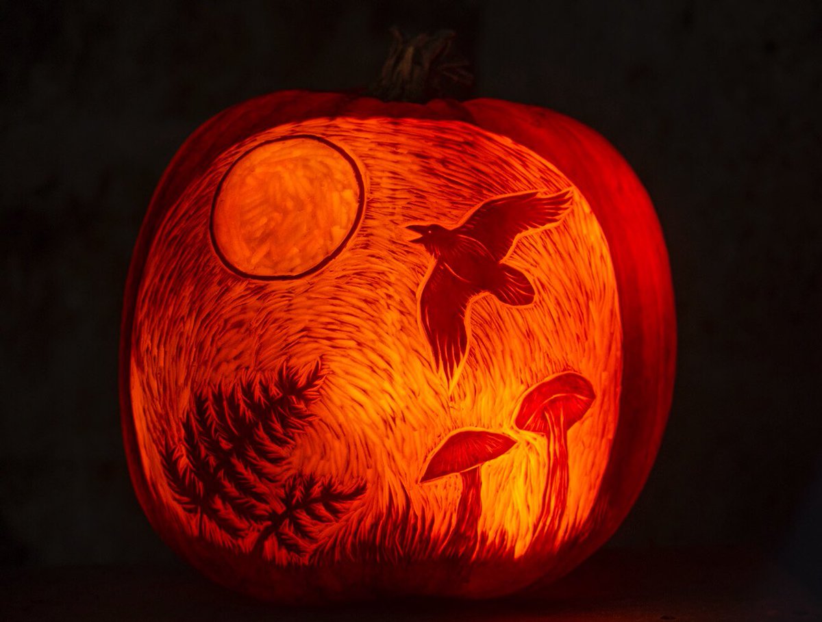 KerrieDoodles's tweet photo. My head’s been in a bleak place this month. I’ve been overwhelmed with bad news stories, eco-anxiety etc. But there is always light, even when you can’t see it. This pumpkin depicts the lighter moments in my dark - mushrooms, bracken, ravens and, whenever it shone, the sun. https://t.co/Qo4j3g7LF5