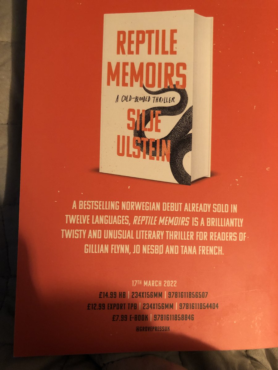 ALSO forgot to say, I finished #ReptileMemoirs. Oh. My. Goodness. What a beautifully dark and twisty story. Jaw-dropping twists. Pin-point plotting. I also grew v fond of the snake! Huge congrats, <a href="/siljesalat/">Silje Ulstein</a>, it is bloody brilliant. Out in March from <a href="/GrovePressUK/">Grove Press UK</a> <a href="/AtlanticBooks/">Atlantic Books</a>